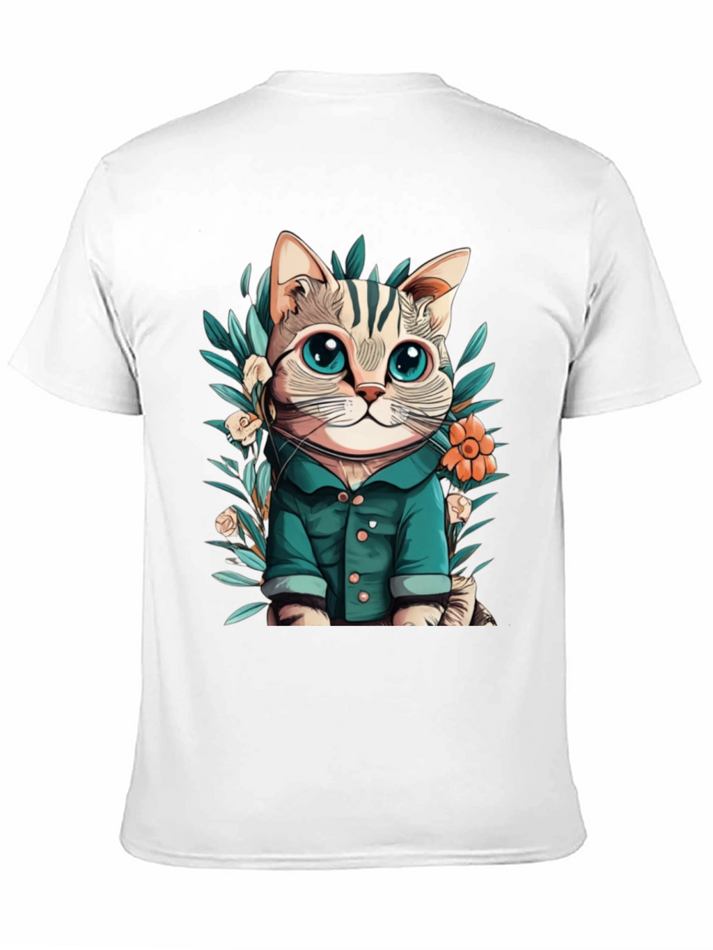 Cat with Flower Cartoon Black T-Shirt