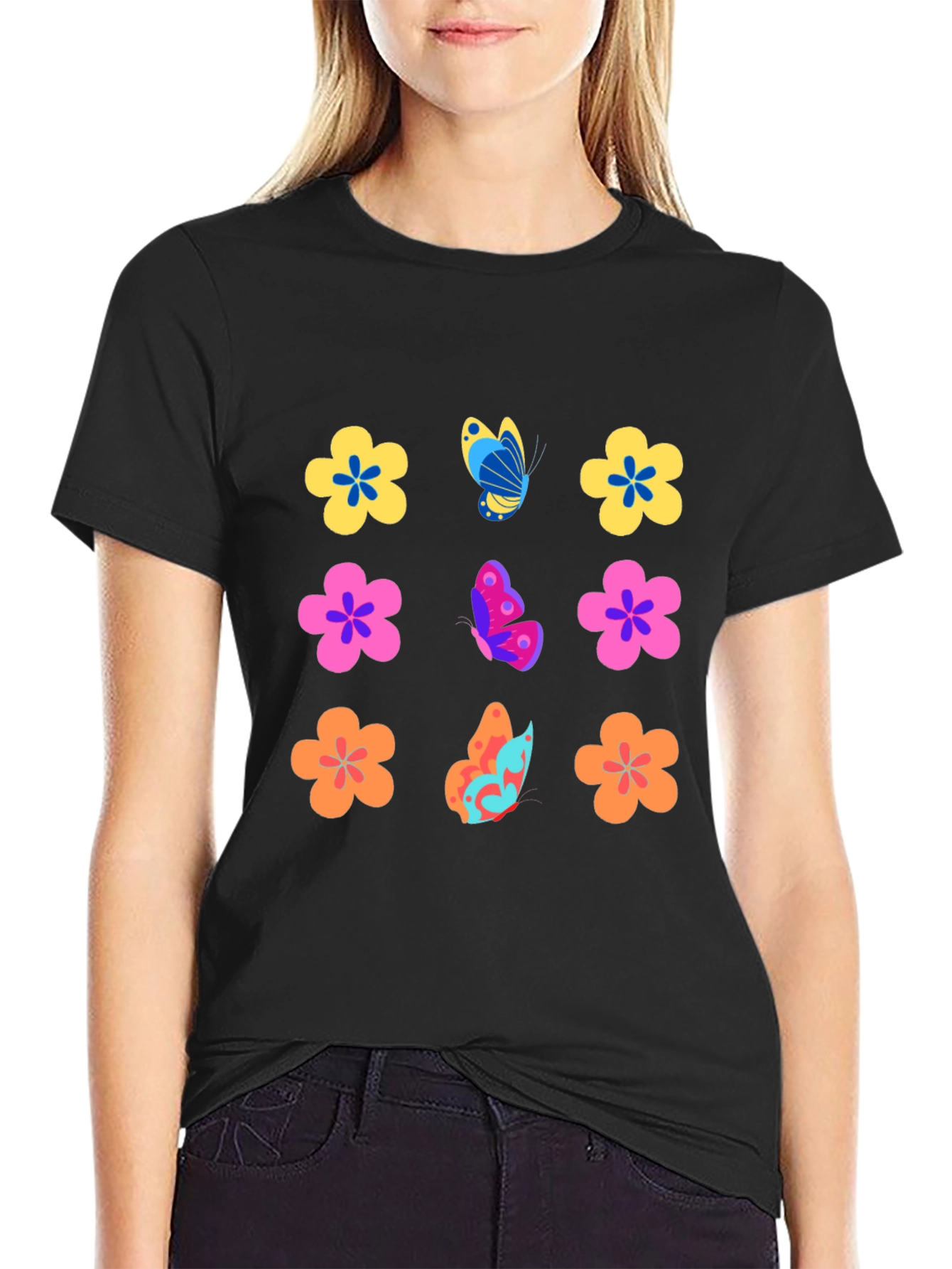 Floral Butterfly Black T-Shirt