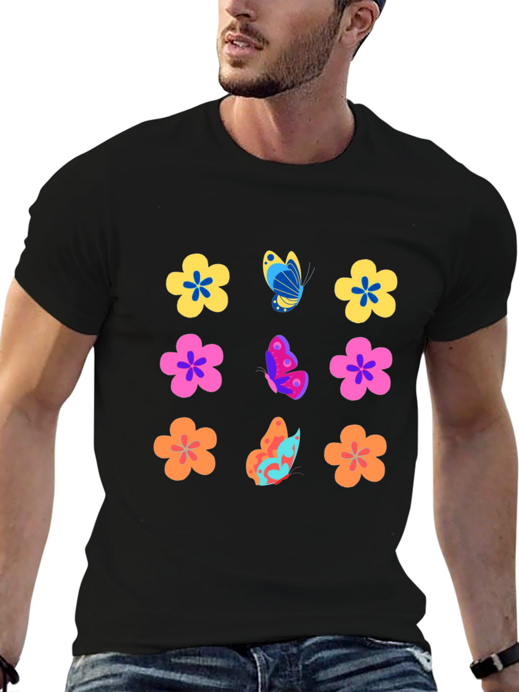 Floral Butterfly Black T-Shirt