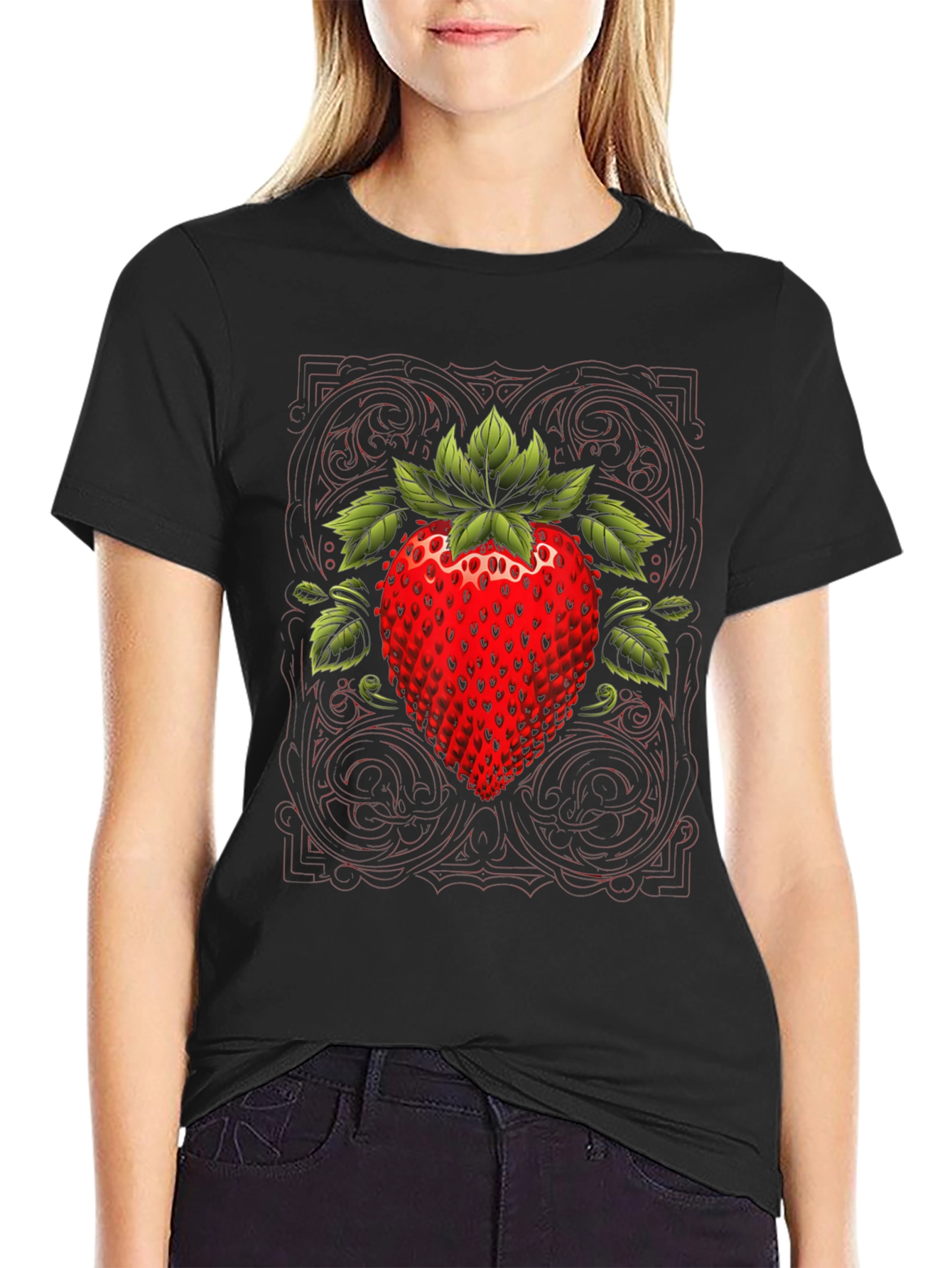 Strawberry Graphic Print Black Tee