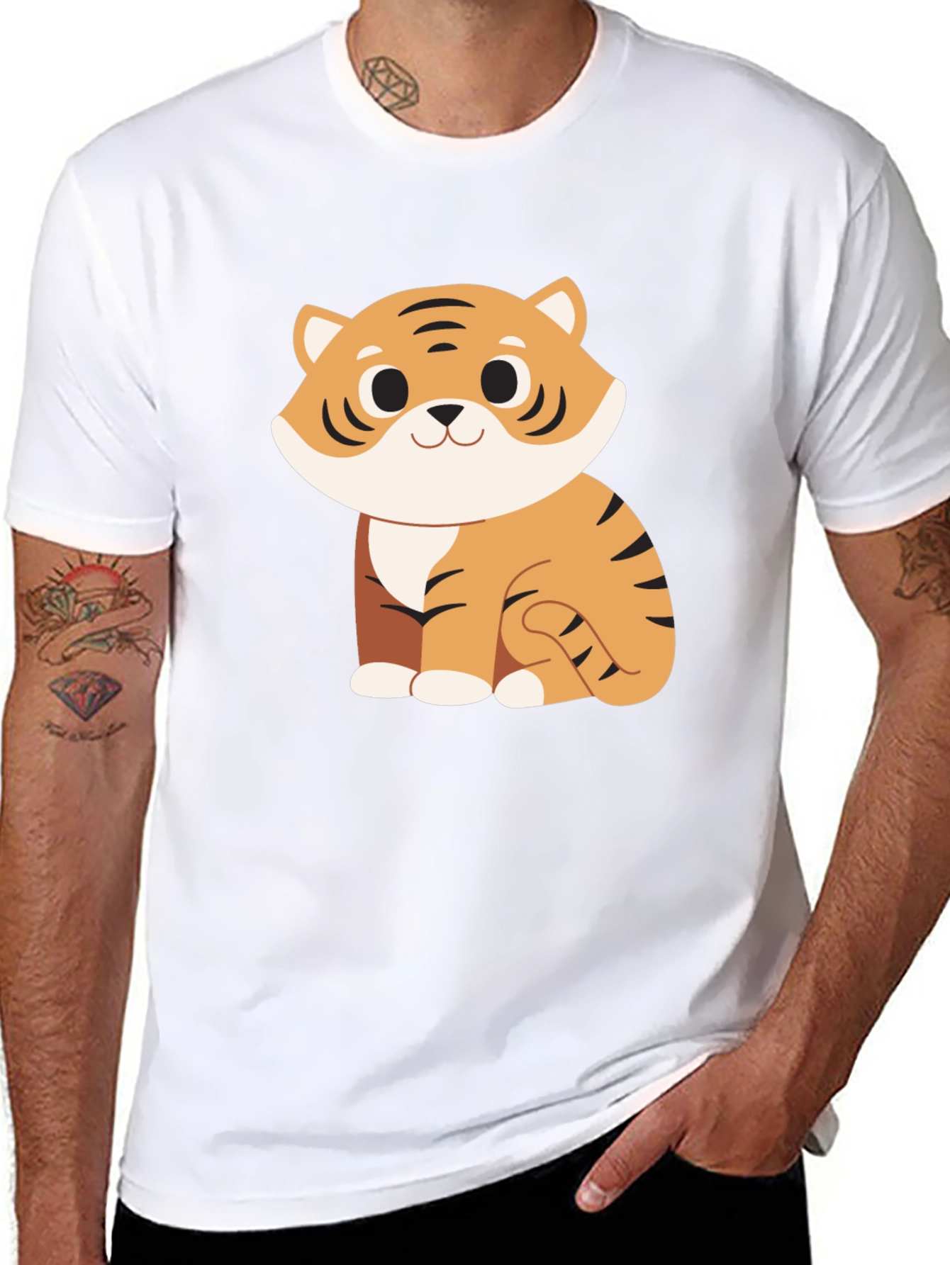 Cute Cartoon Tiger Graphic Black T-Shirt