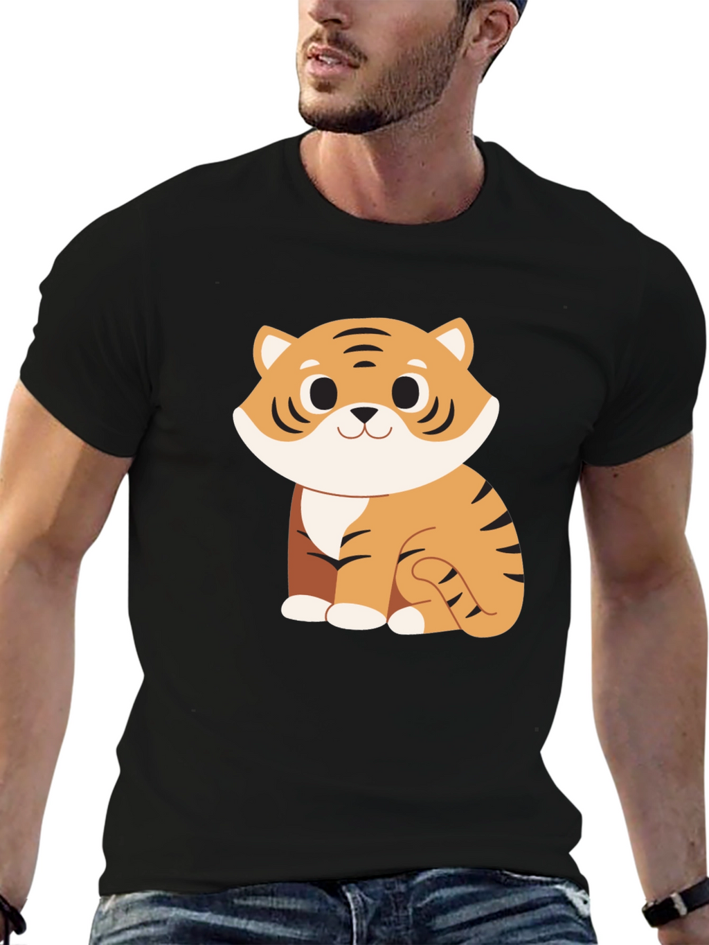 Cute Cartoon Tiger Graphic Black T-Shirt