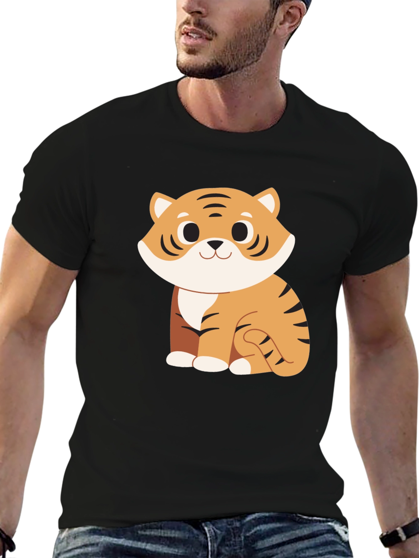 Cute Cartoon Tiger Graphic Black T-Shirt
