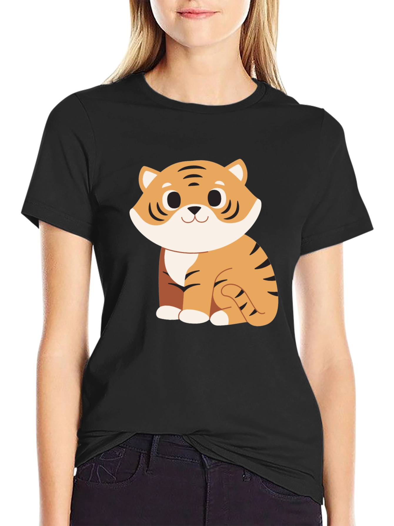 Cute Cartoon Tiger Graphic Black T-Shirt