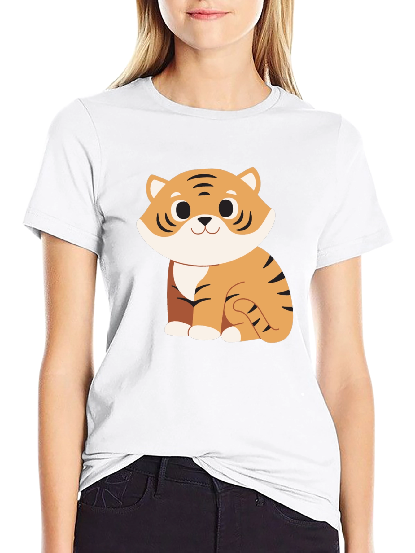 Cute Cartoon Tiger Graphic Black T-Shirt