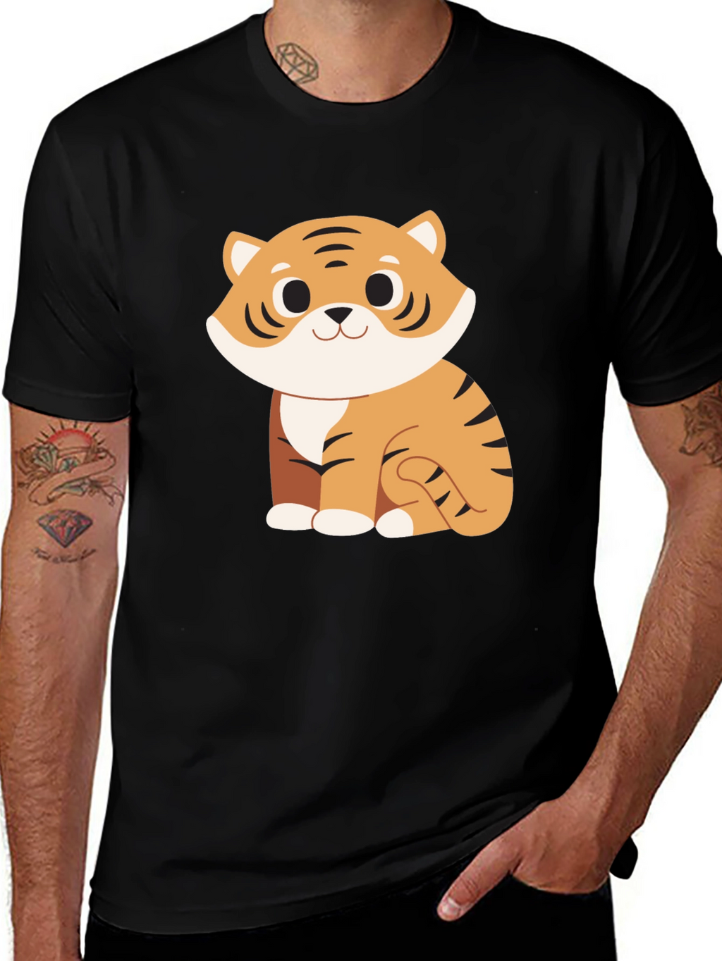 Cute Cartoon Tiger Graphic Black T-Shirt