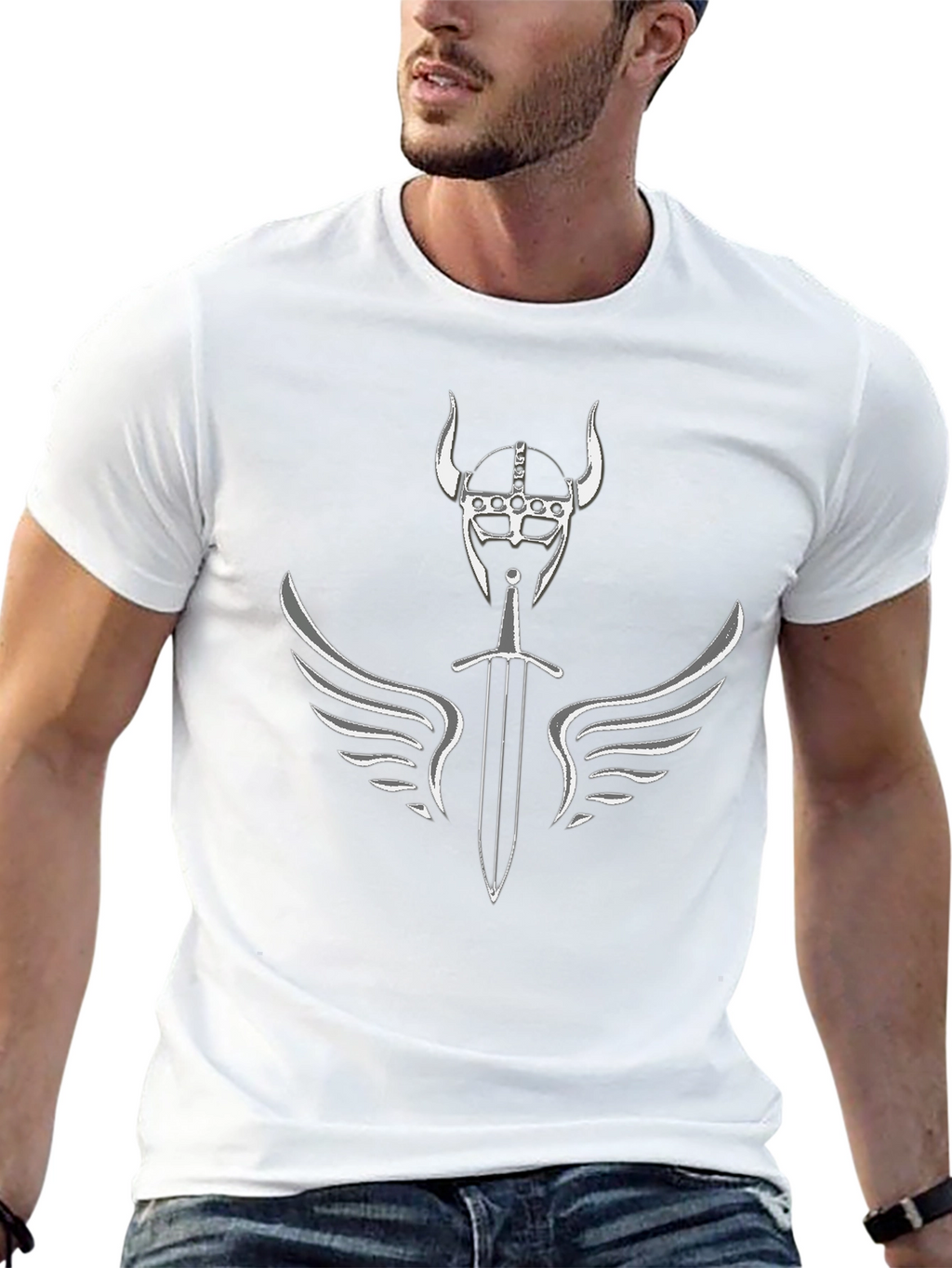 Viking Helmet Sword Wings Graphic T-Shirt