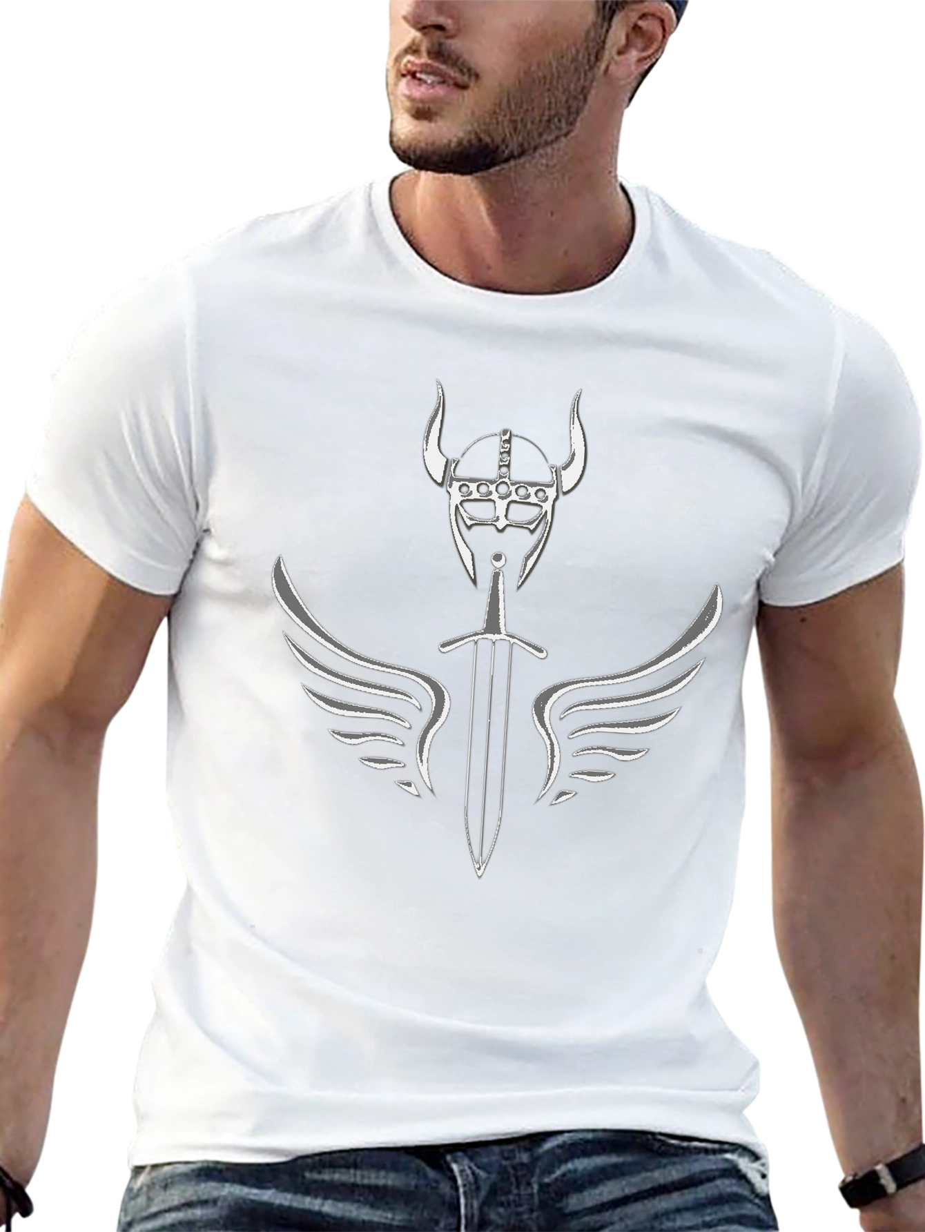 Viking Helmet Sword Wings Graphic T-Shirt