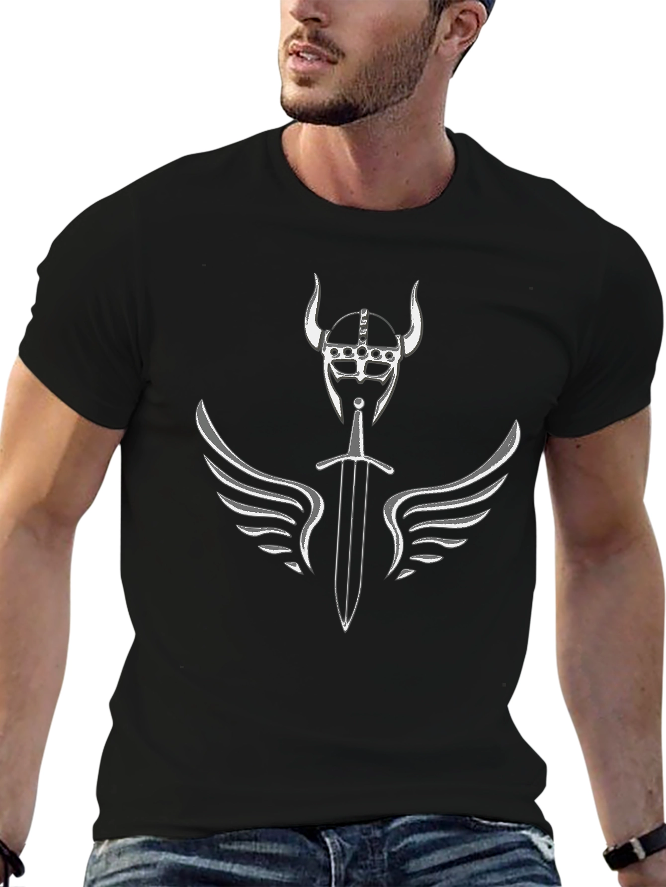 Viking Helmet Sword Wings Graphic T-Shirt