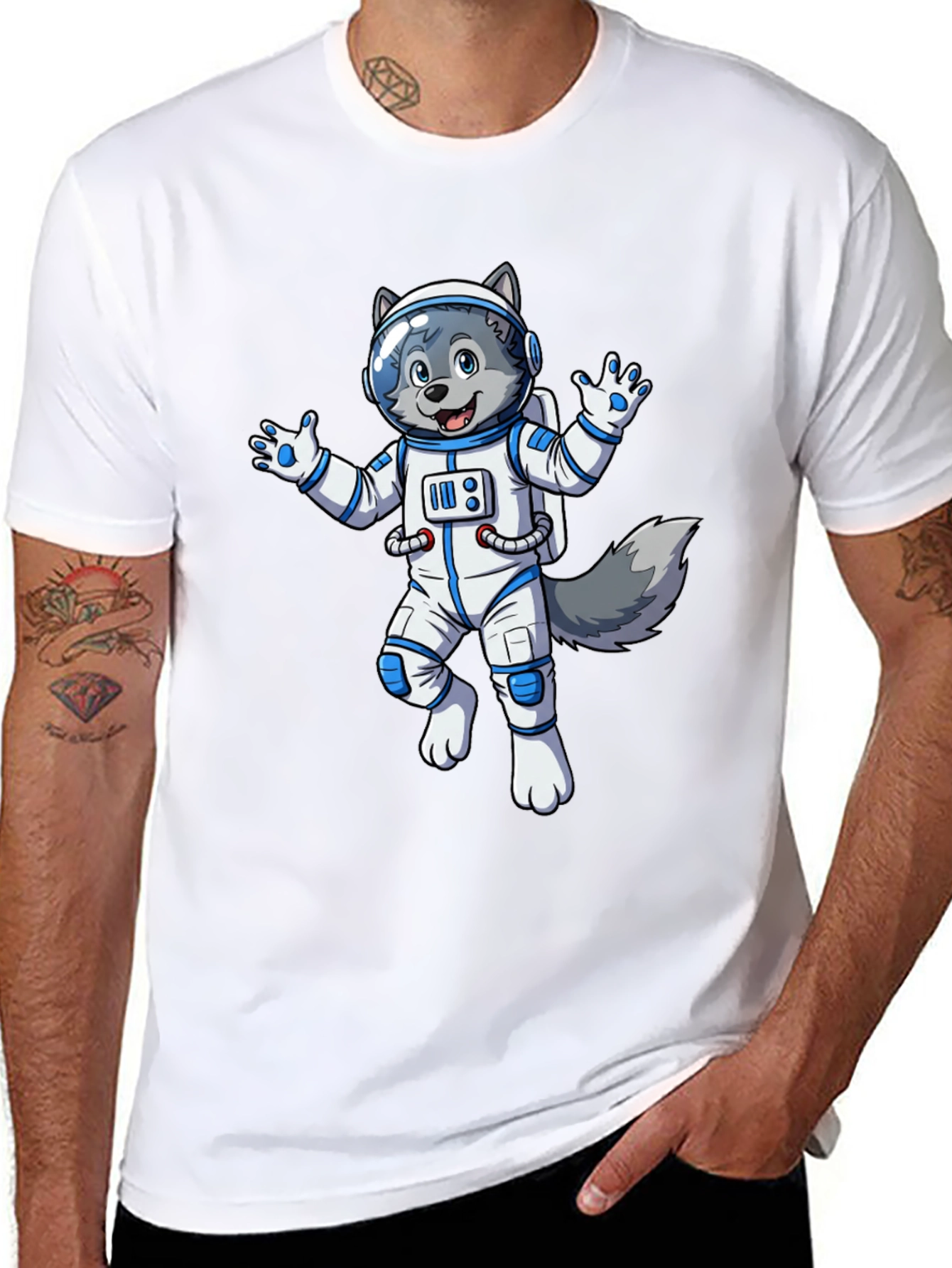 Astronaut Wolf Graphic Tee - Black Crewneck Shirt