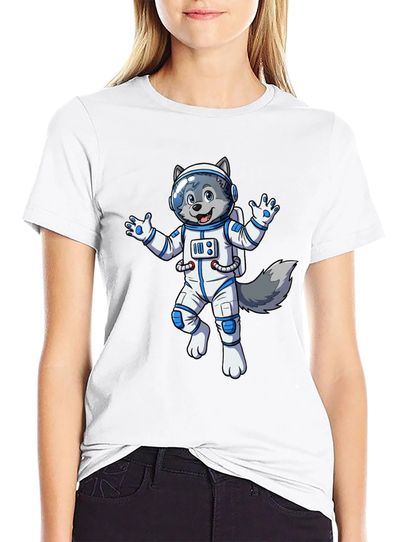 Astronaut Wolf Graphic Tee - Black Crewneck Shirt