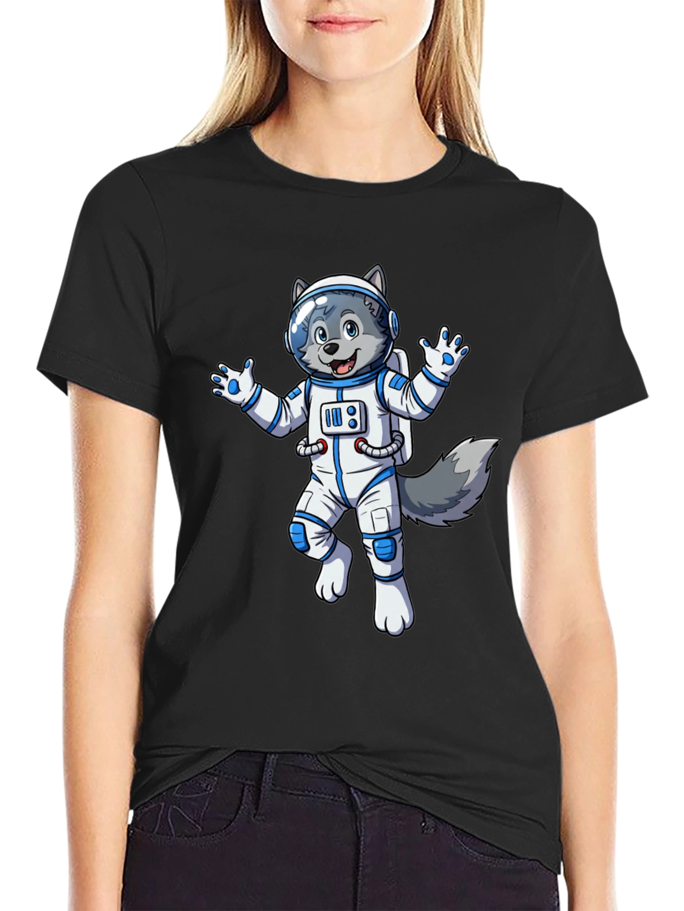 Astronaut Wolf Graphic Tee - Black Crewneck Shirt