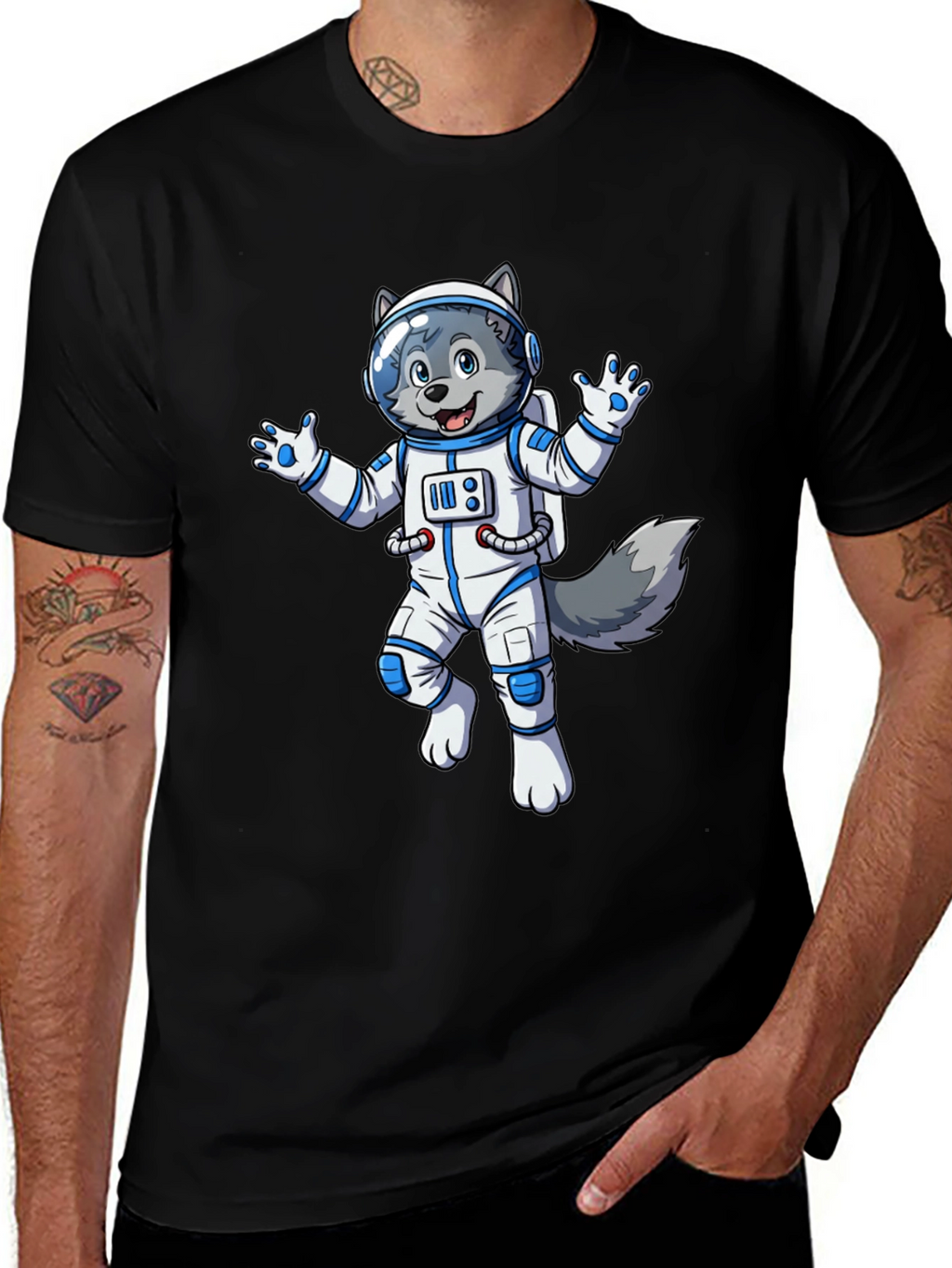 Astronaut Wolf Graphic Tee - Black Crewneck Shirt