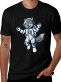 Astronaut Wolf Graphic Tee - Black Crewneck Shirt