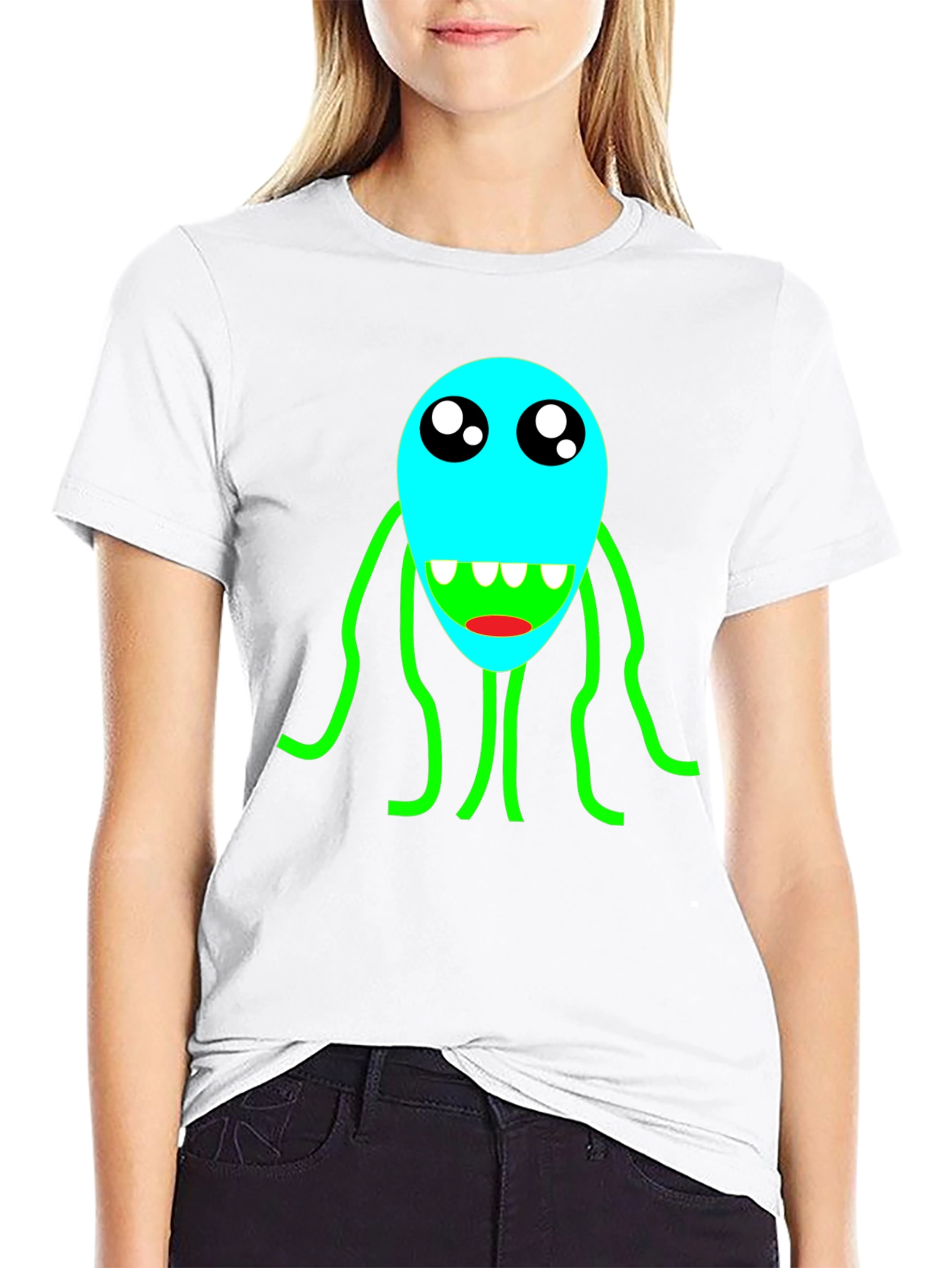 Cartoon Monster Graphic T-Shirt - Black Crew Neck Tee