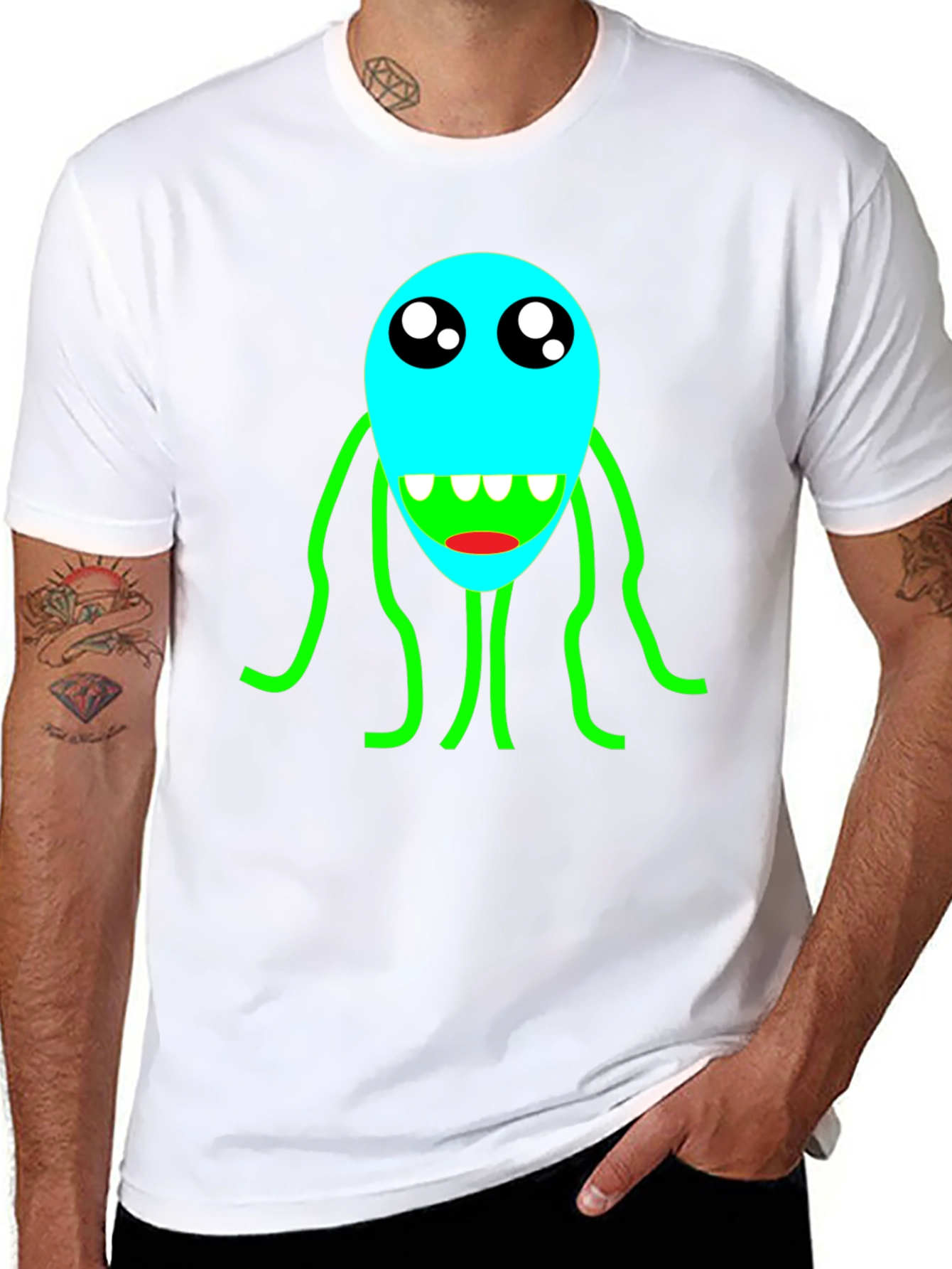 Cartoon Monster Graphic T-Shirt - Black Crew Neck Tee