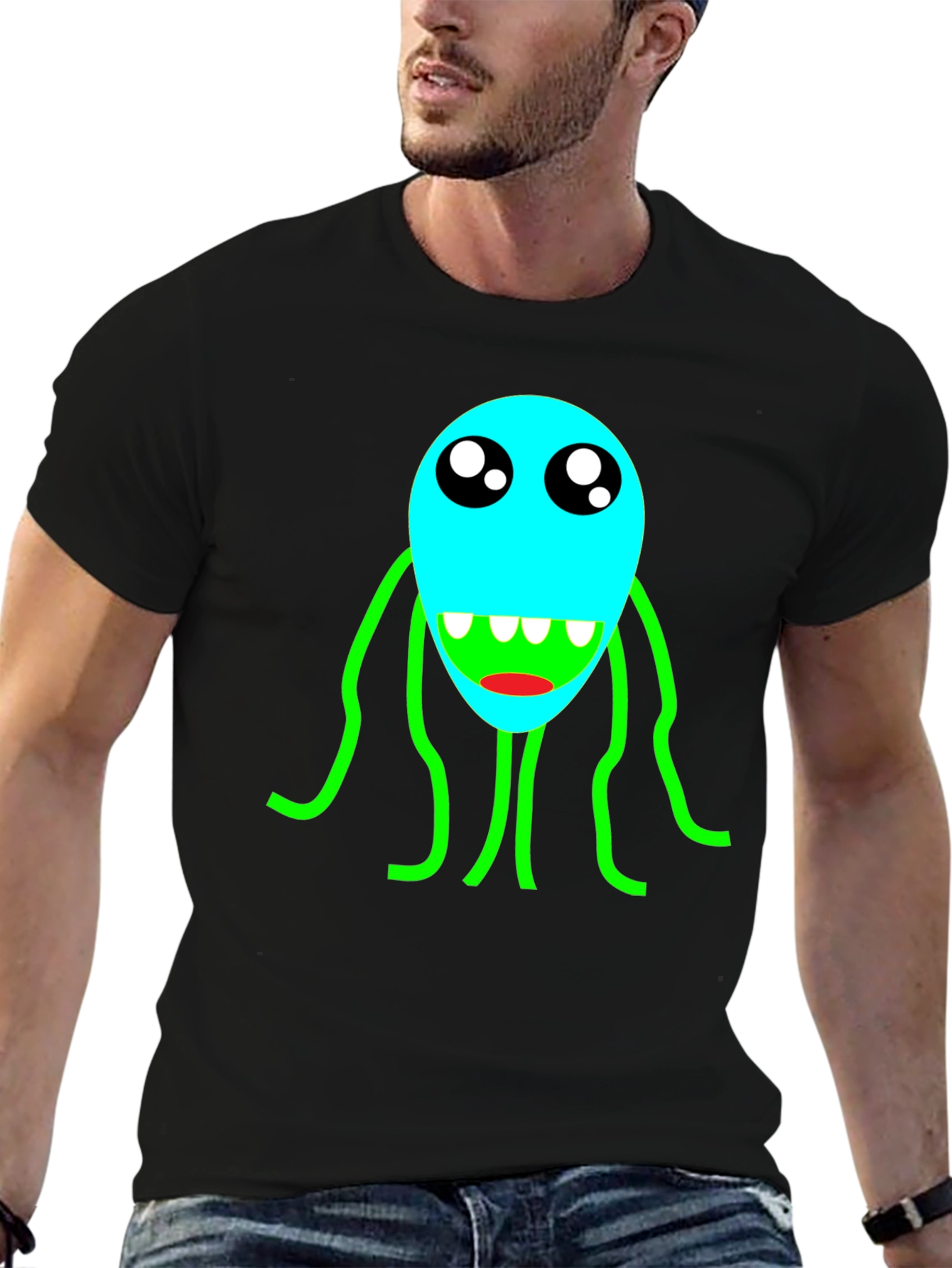 Cartoon Monster Graphic T-Shirt - Black Crew Neck Tee