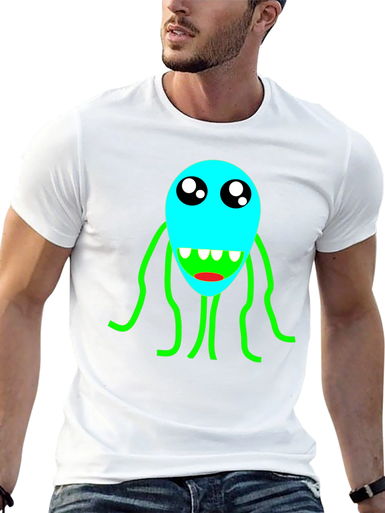 Cartoon Monster Graphic T-Shirt - Black Crew Neck Tee