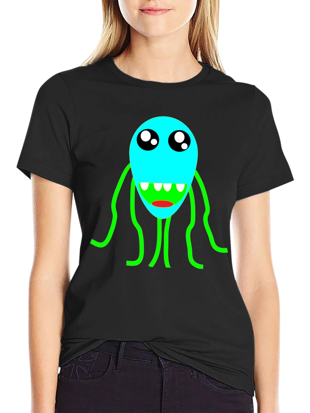 Cartoon Monster Graphic T-Shirt - Black Crew Neck Tee