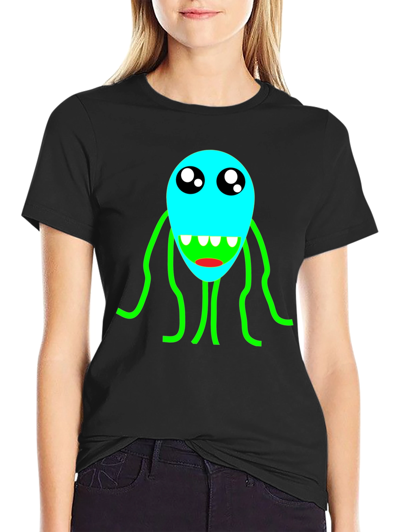 Cartoon Monster Graphic T-Shirt - Black Crew Neck Tee