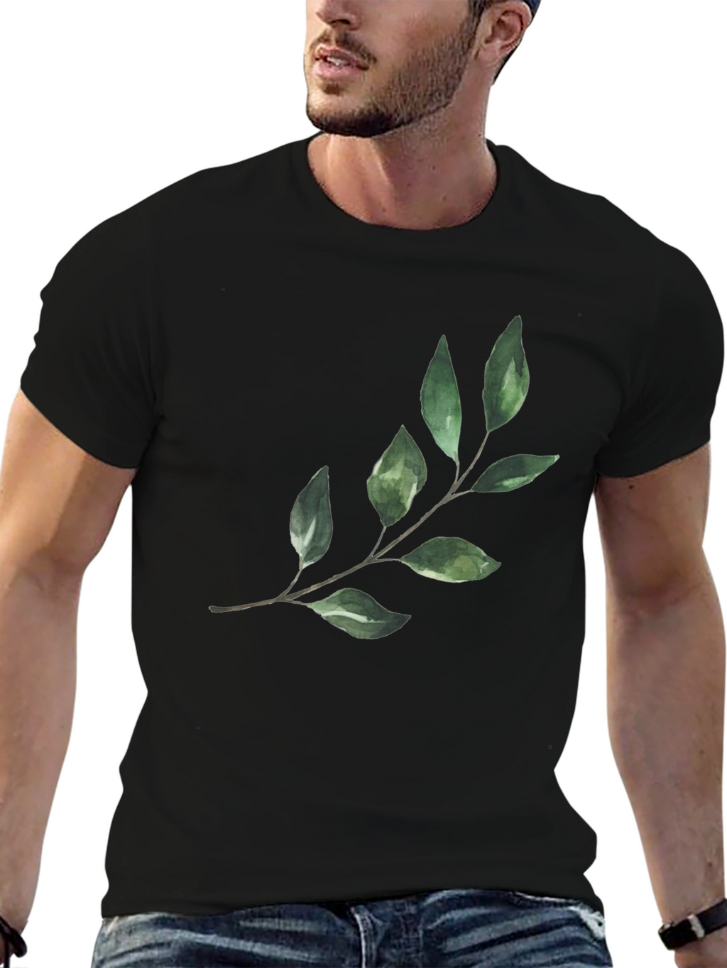 Botanical Leaf Print Black T-Shirt