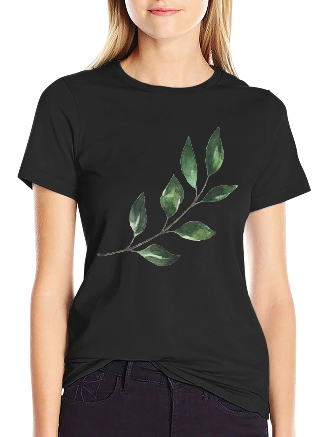 Botanical Leaf Print Black T-Shirt
