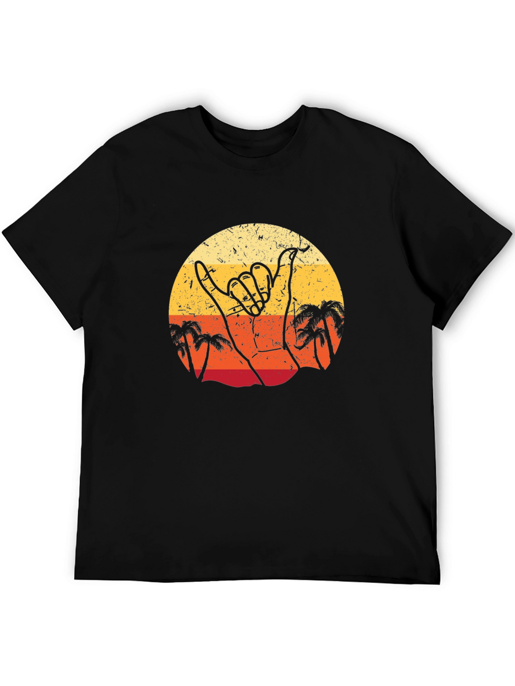 Retro Shaka Hand Palm Tree Sunset Black T-Shirt