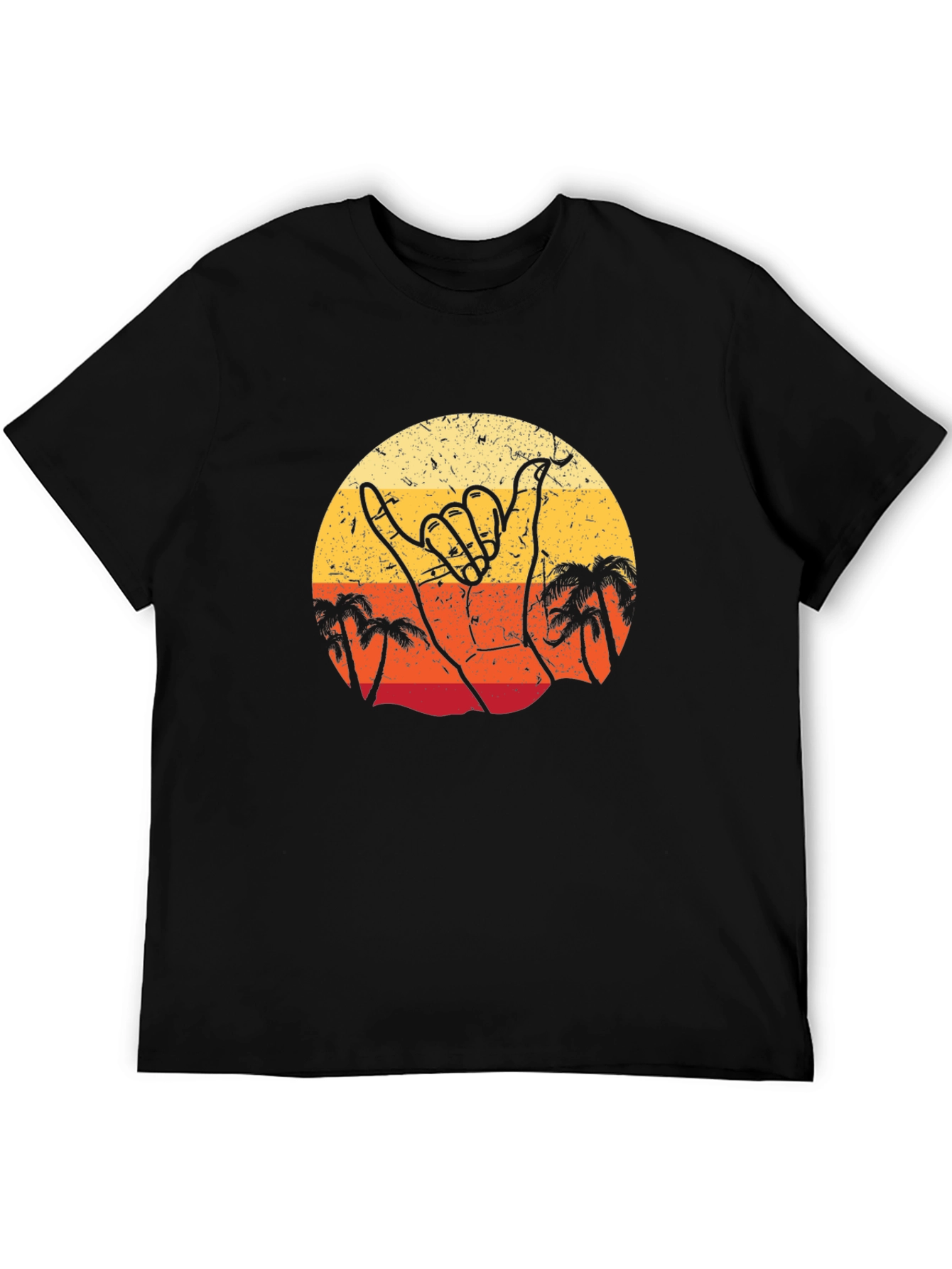 Retro Shaka Hand Palm Tree Sunset Black T-Shirt