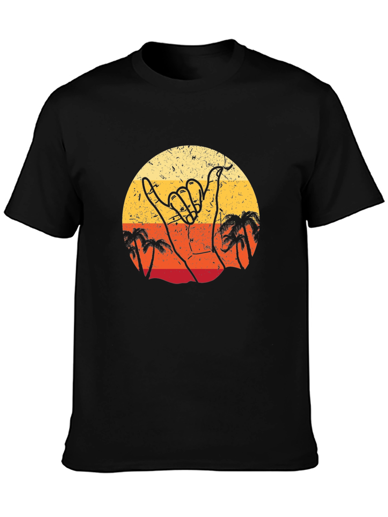 Retro Shaka Hand Palm Tree Sunset Black T-Shirt