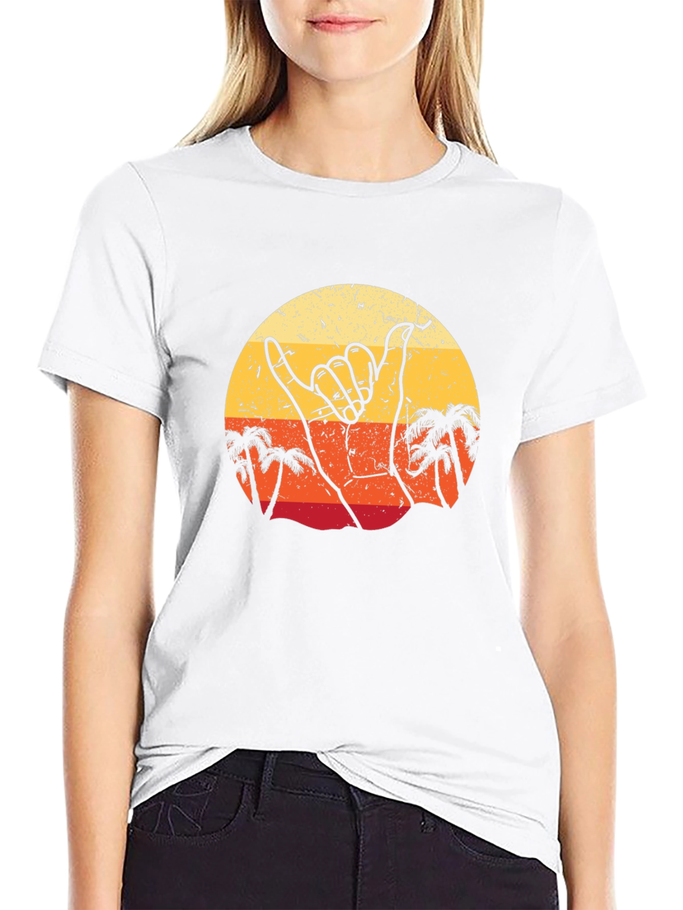 Retro Shaka Hand Palm Tree Sunset Black T-Shirt