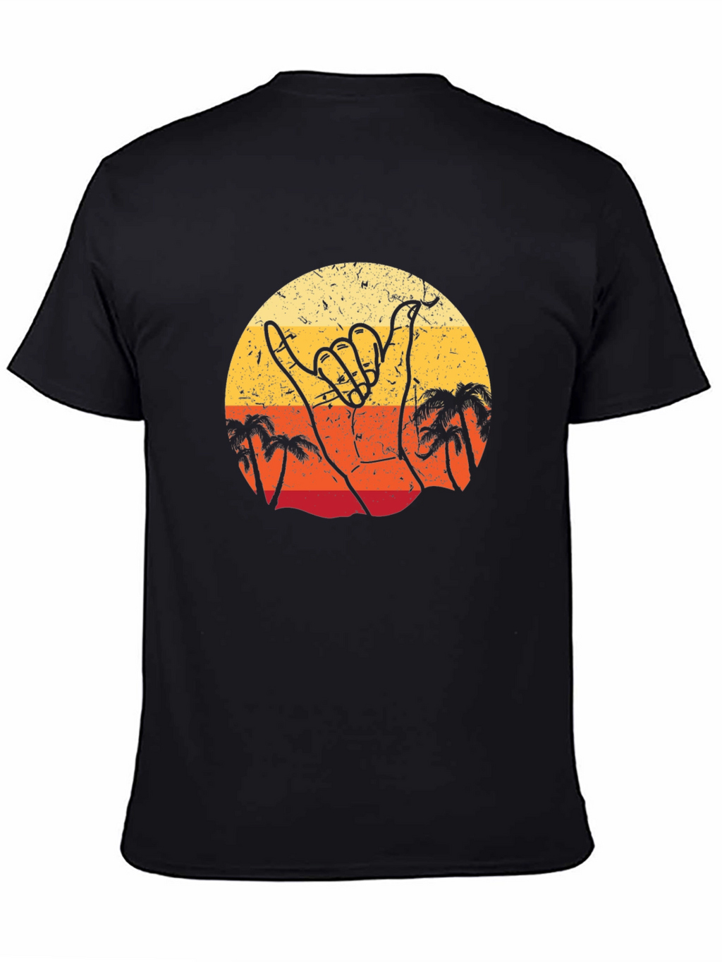 Retro Shaka Hand Palm Tree Sunset Black T-Shirt