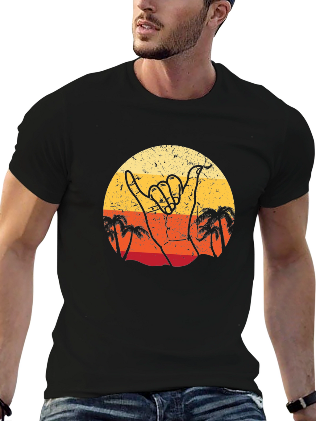 Retro Shaka Hand Palm Tree Sunset Black T-Shirt