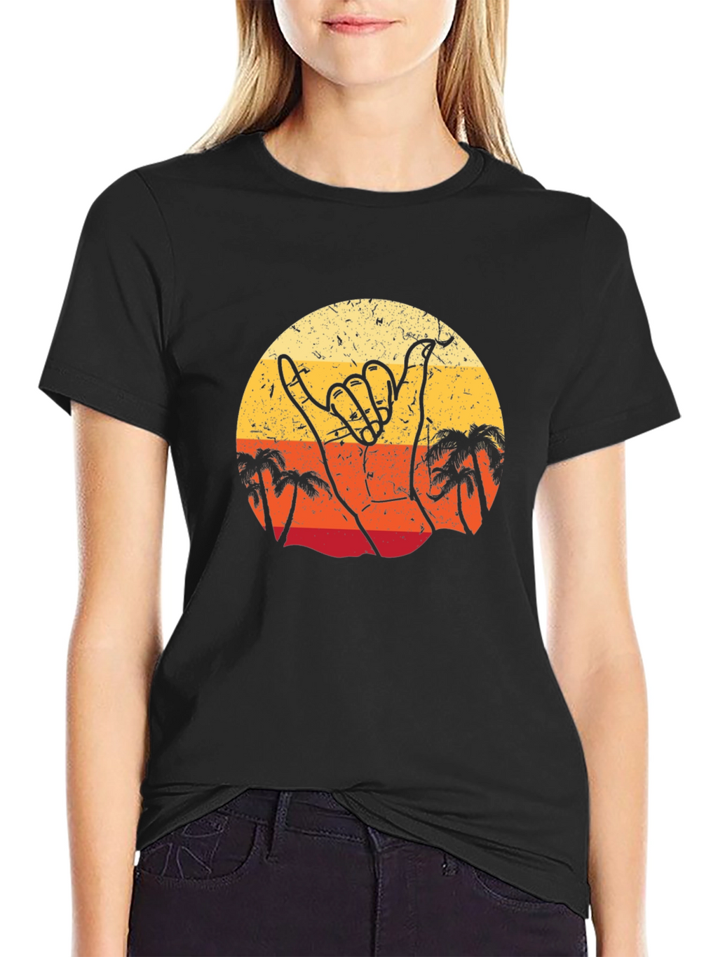 Retro Shaka Hand Palm Tree Sunset Black T-Shirt