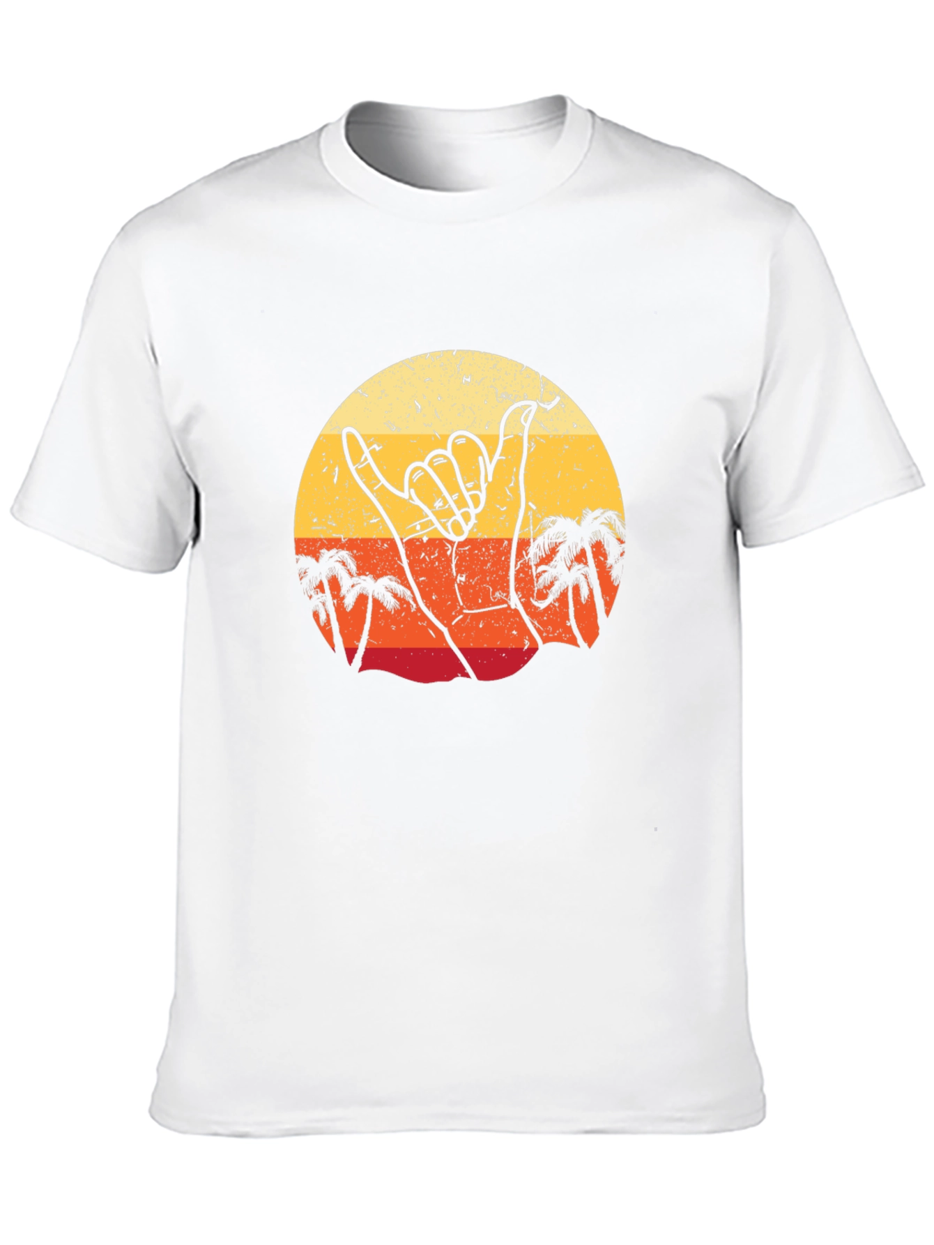 Retro Shaka Hand Palm Tree Sunset Black T-Shirt