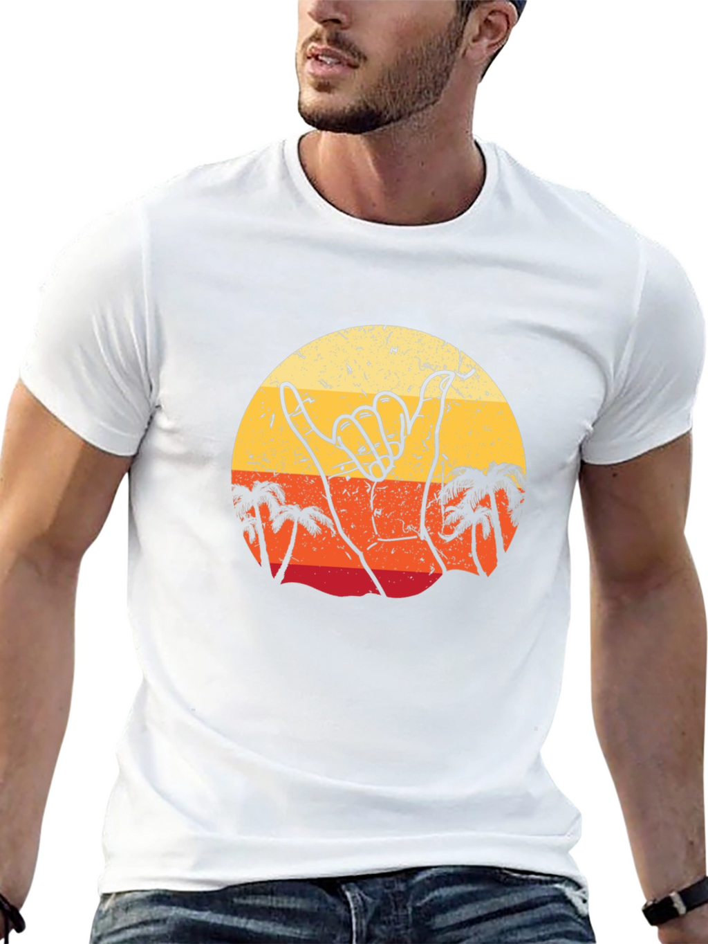Retro Shaka Hand Palm Tree Sunset Black T-Shirt