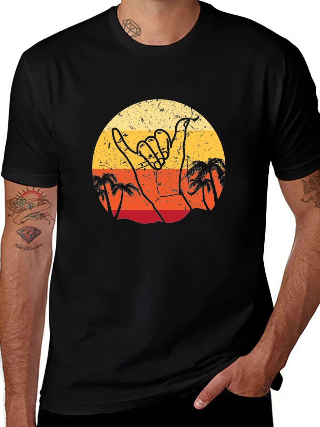 Retro Shaka Hand Palm Tree Sunset Black T-Shirt