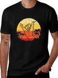 Retro Shaka Hand Palm Tree Sunset Black T-Shirt