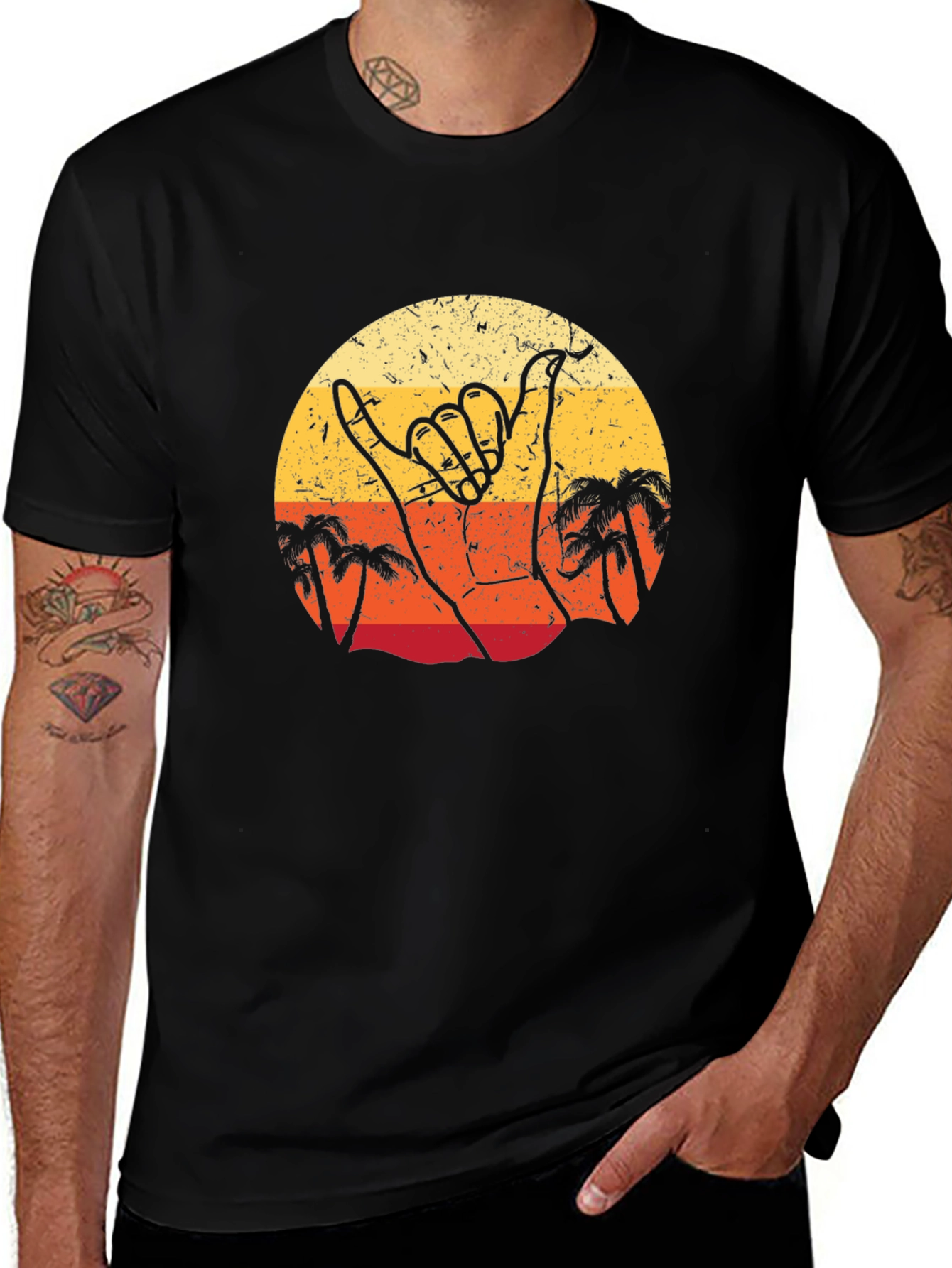 Retro Shaka Hand Palm Tree Sunset Black T-Shirt