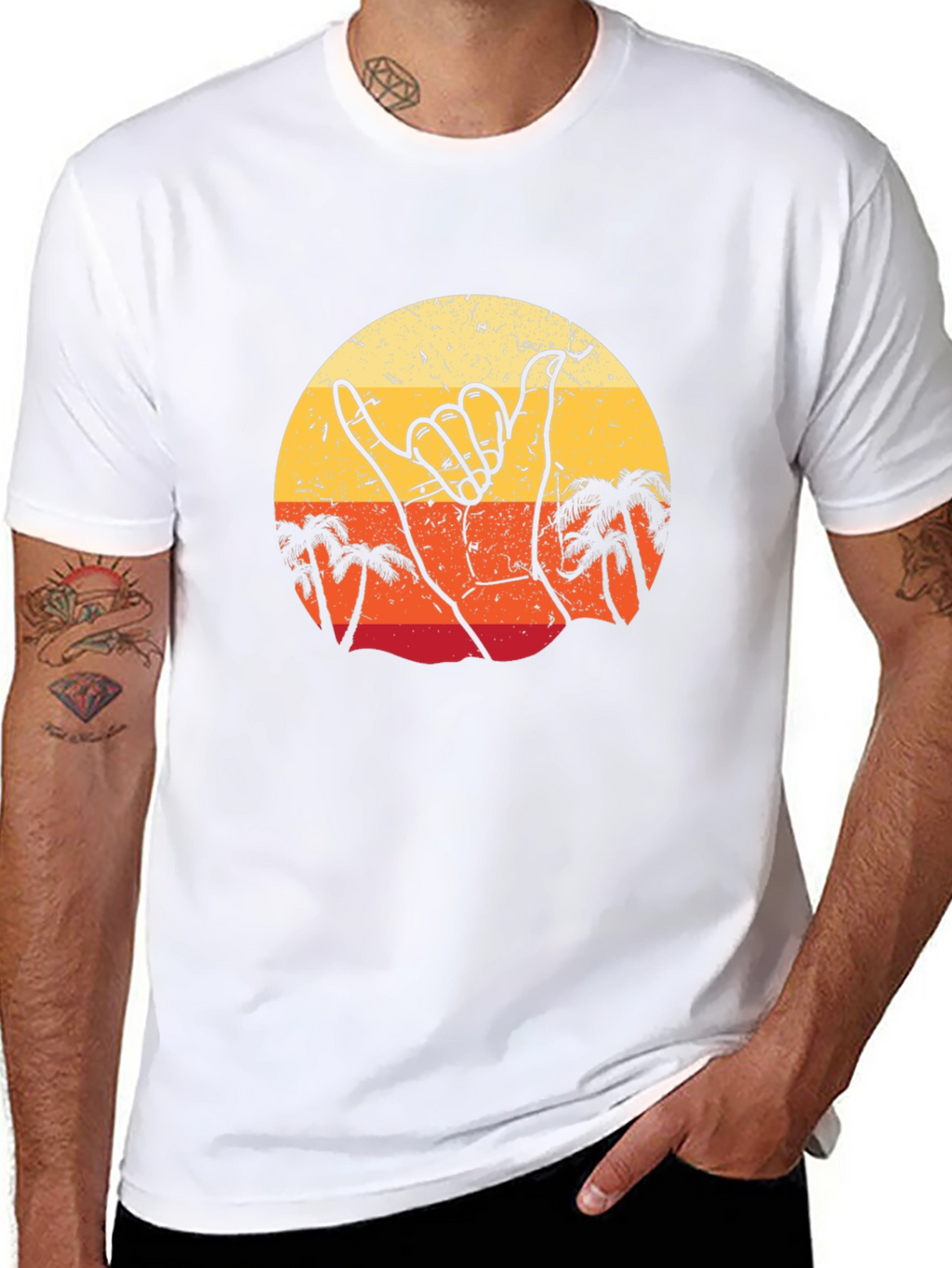 Retro Shaka Hand Palm Tree Sunset Black T-Shirt