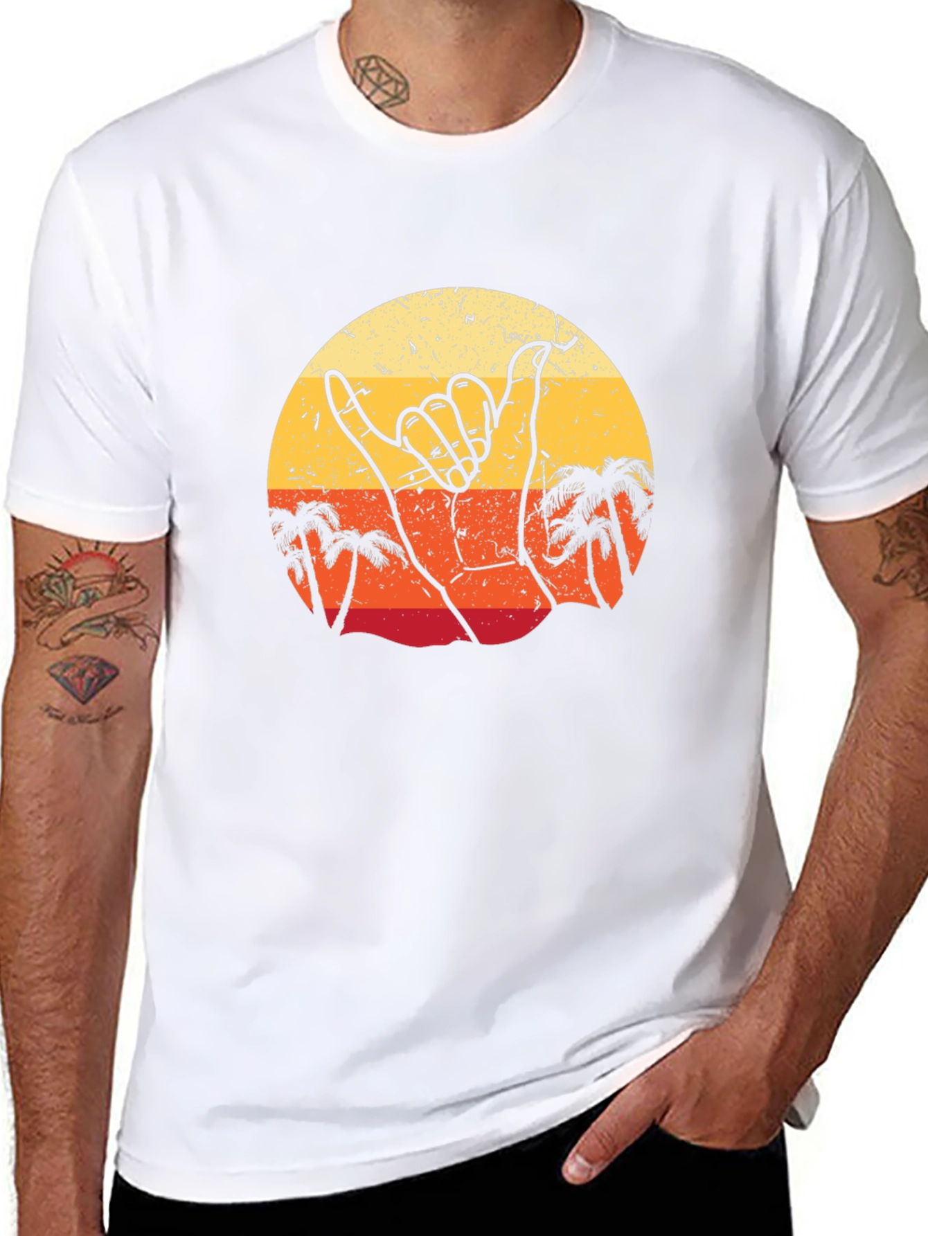 Retro Shaka Hand Palm Tree Sunset Black T-Shirt