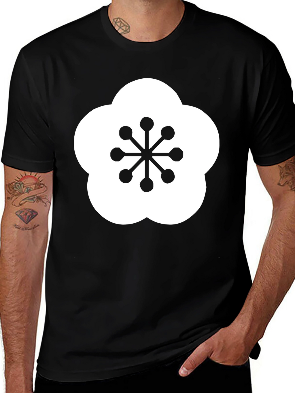 Black T-Shirt with Plum Blossom Design
