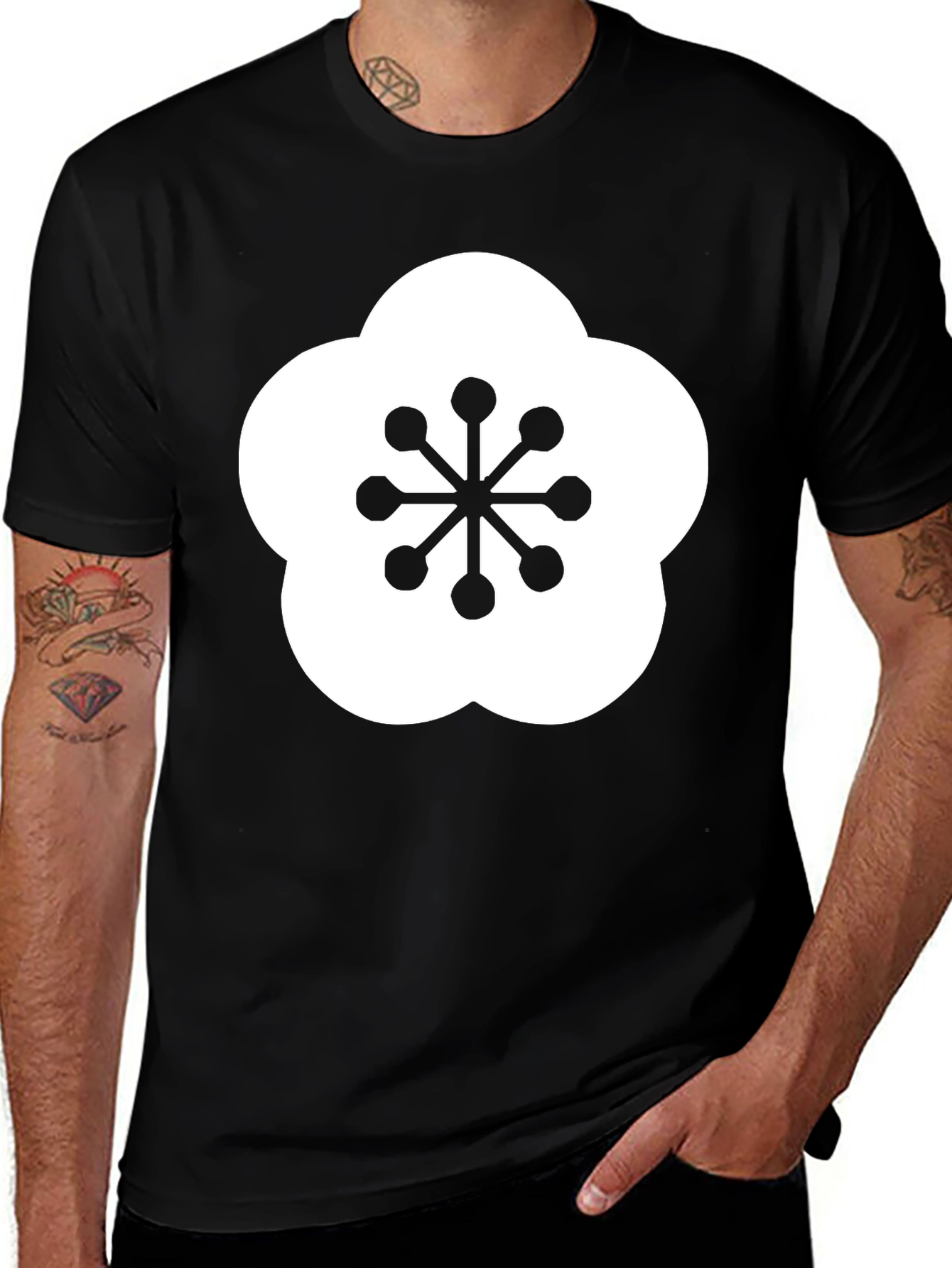 Black T-Shirt with Plum Blossom Design
