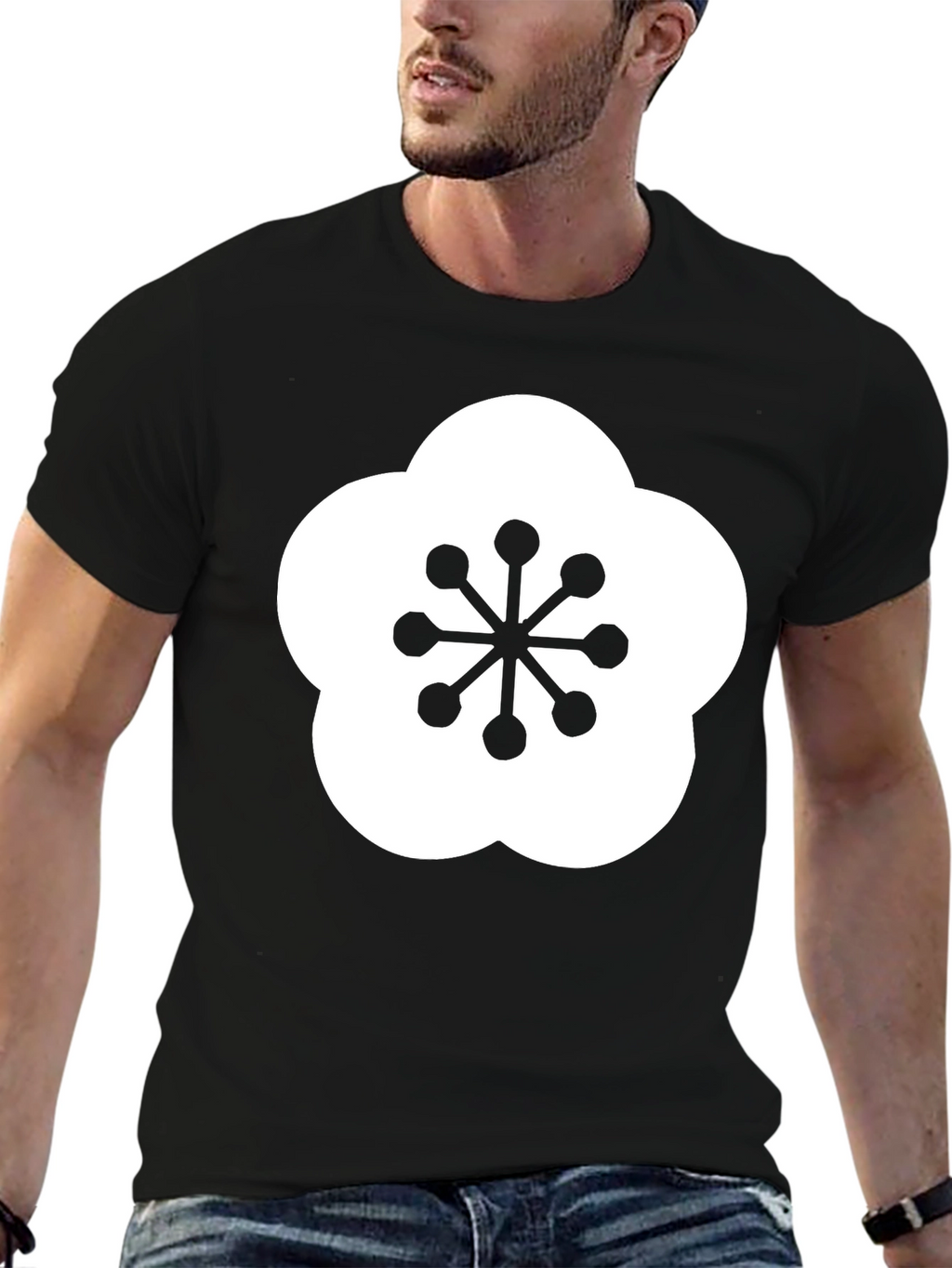 Black T-Shirt with Plum Blossom Design