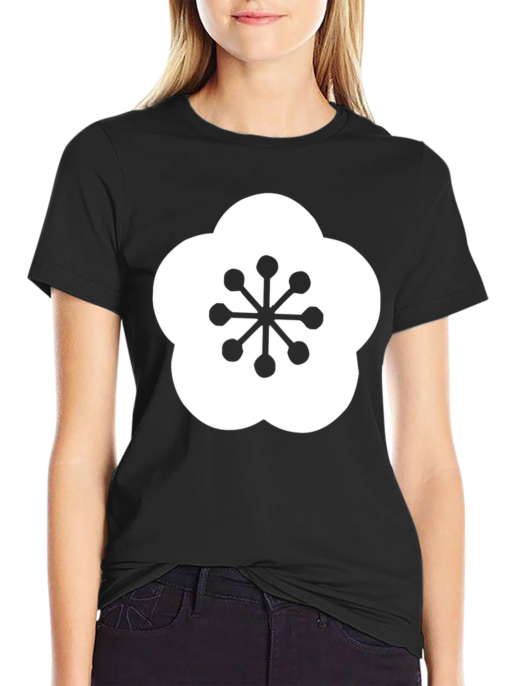 Black T-Shirt with Plum Blossom Design