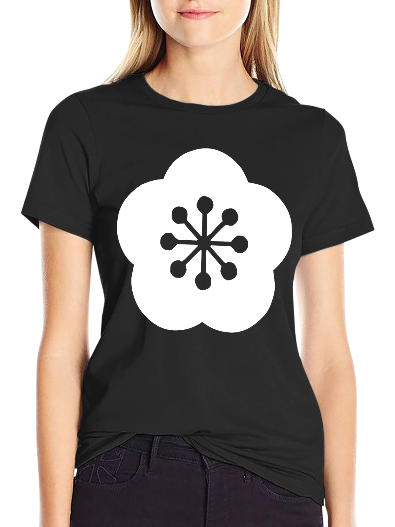 Black T-Shirt with Plum Blossom Design