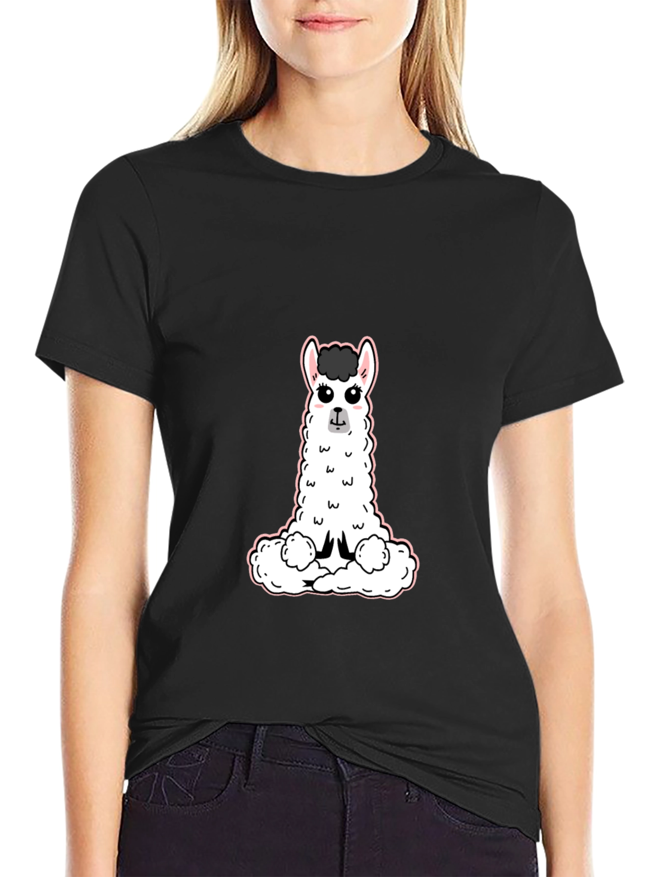 Cute Llama Graphic Tee - Black Casual T-Shirt
