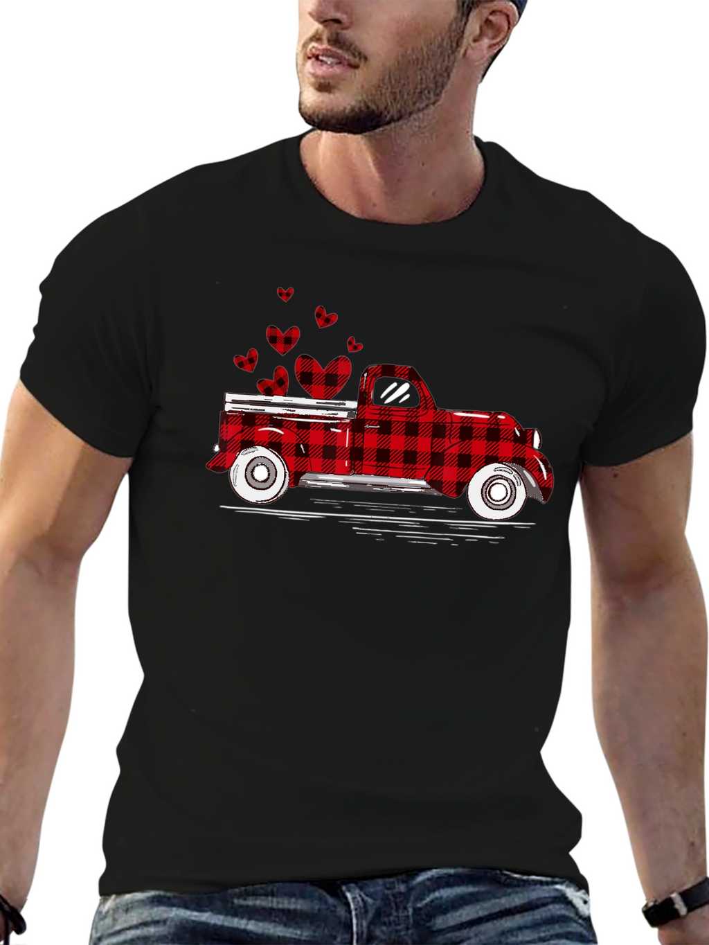 Buffalo Plaid Truck Hearts Graphic Tee
