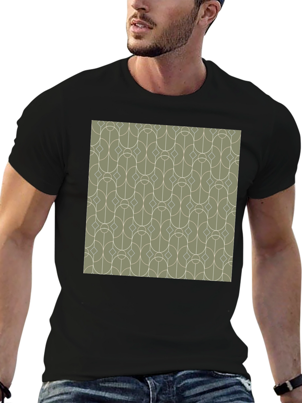 Retro Geometric Pattern Tee - Stylish Mens Black T-Shirt