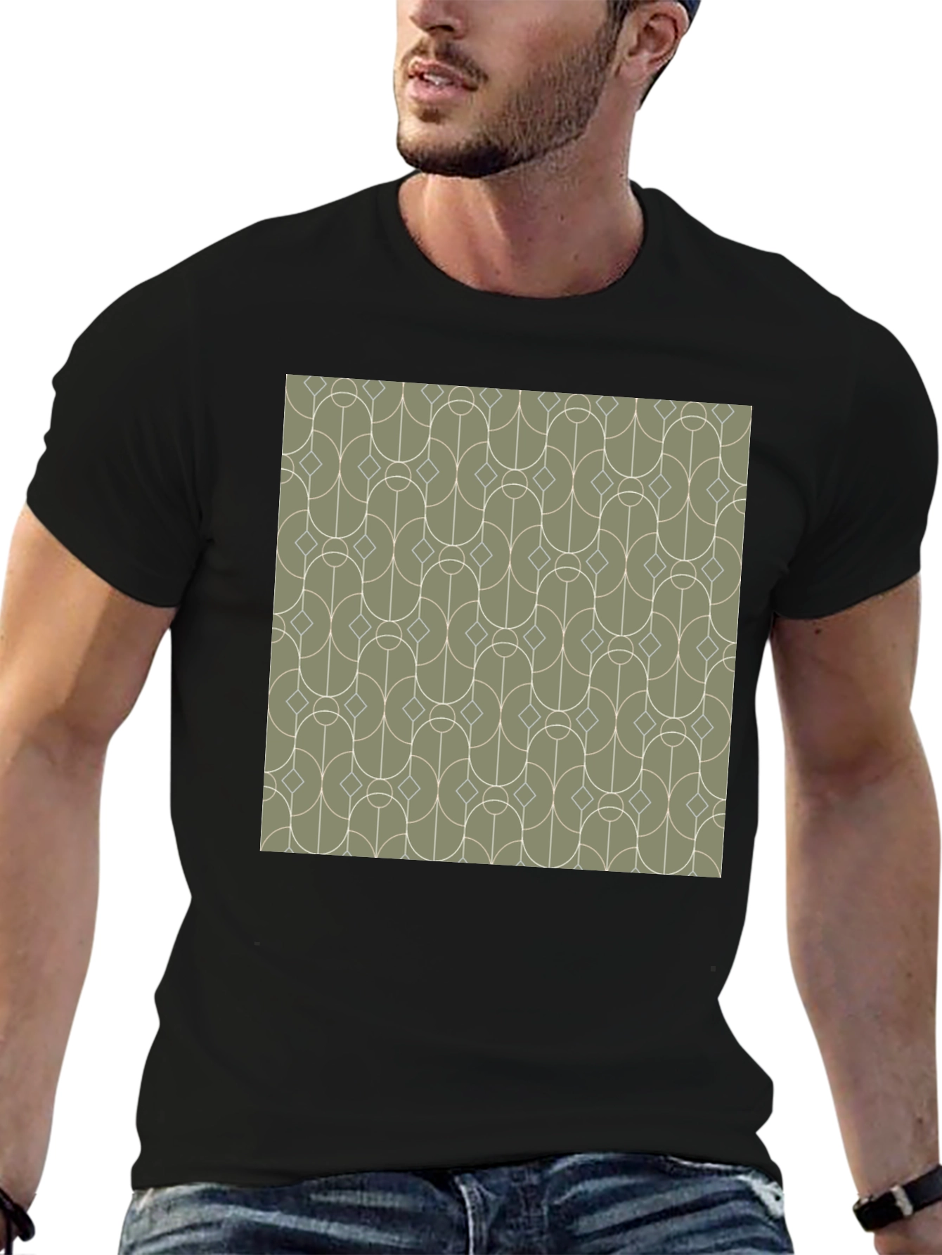 Retro Geometric Pattern Tee - Stylish Mens Black T-Shirt