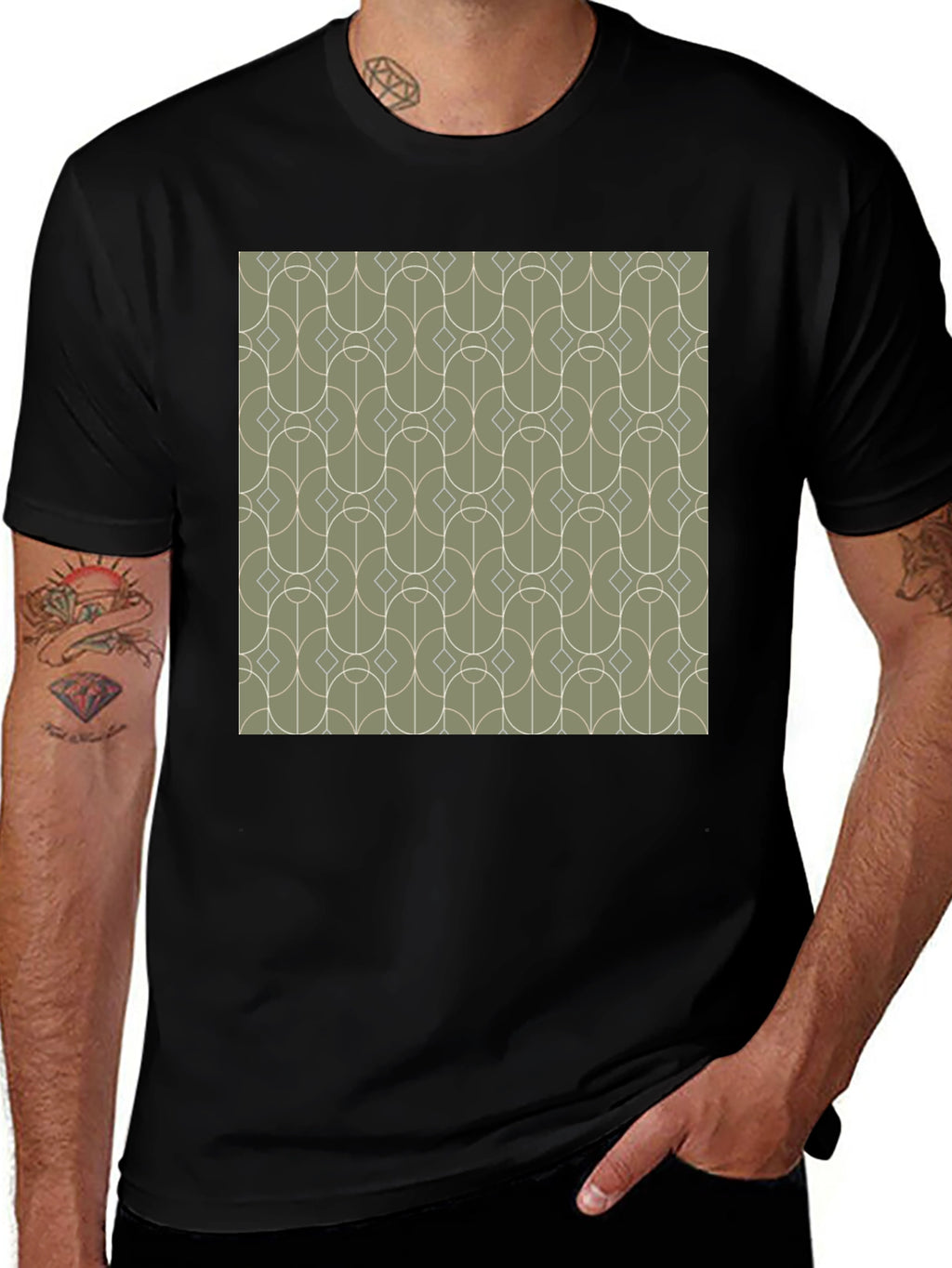 Retro Geometric Pattern Tee - Stylish Mens Black T-Shirt